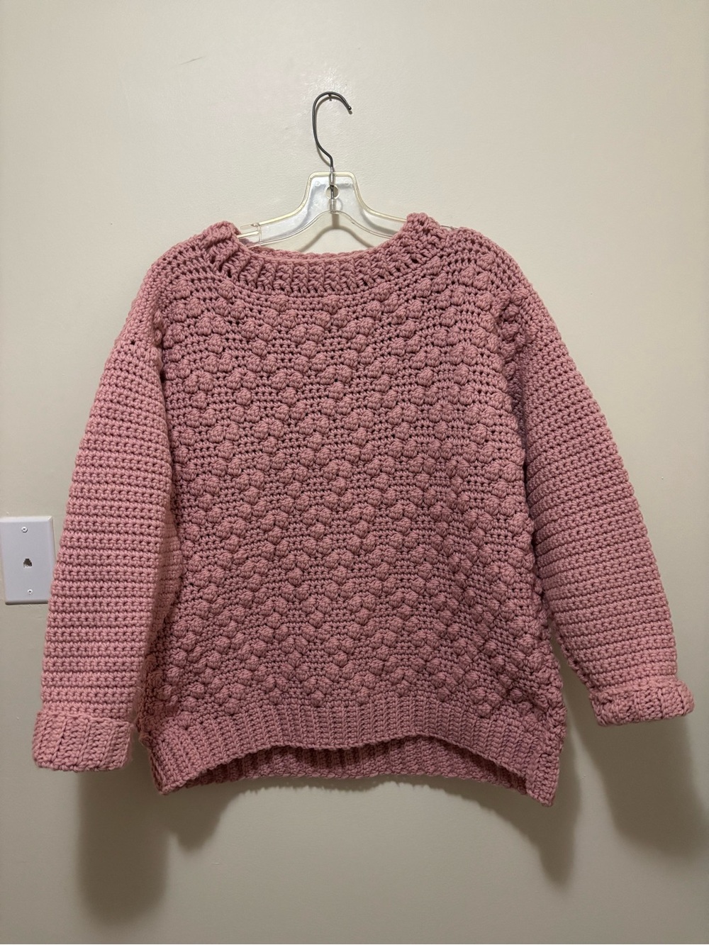 Handmade Pink Crochet Bobble Stitch Sweater / Textured Pullover